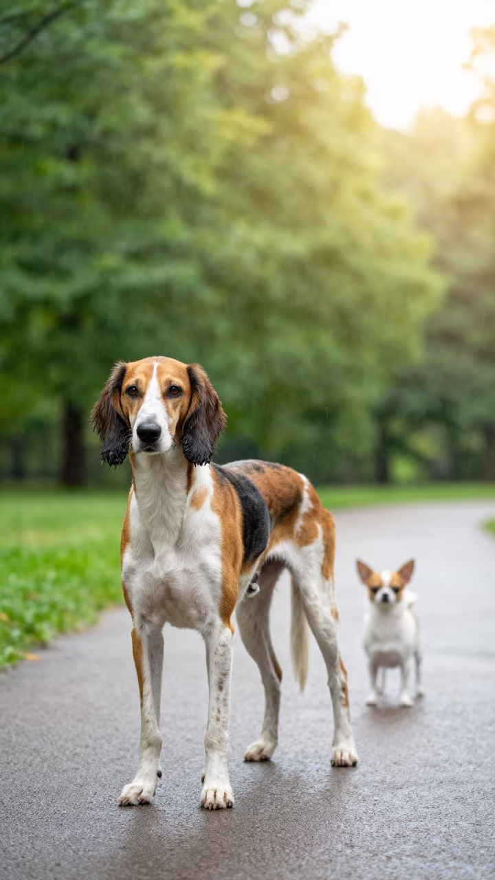 American Foxhound on Quiet Park Path in Chihuahua in along a quiet park path with soft open shade and a clean background near Chihuahua