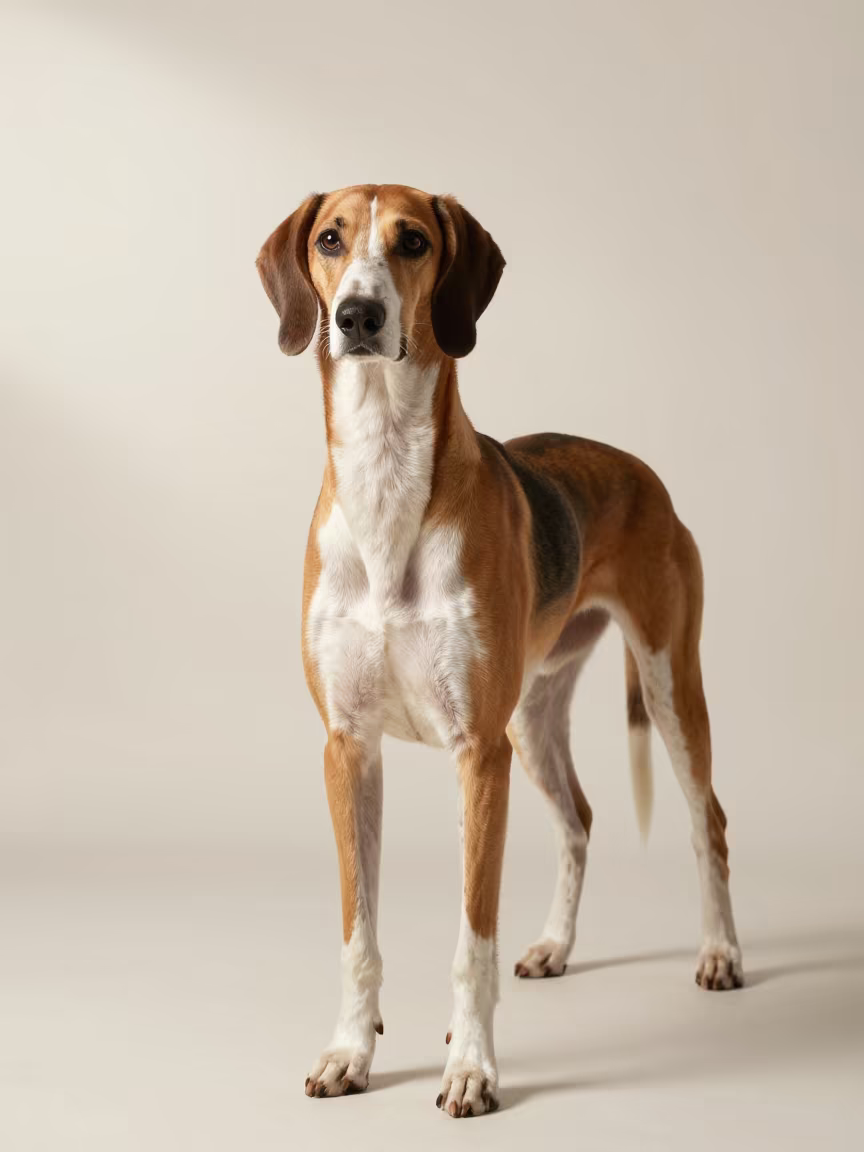 American Foxhound Portrait in Chengdu Studio in in a quiet portrait studio with a plain backdrop and eye-level framing near Wuhou, Chengdu