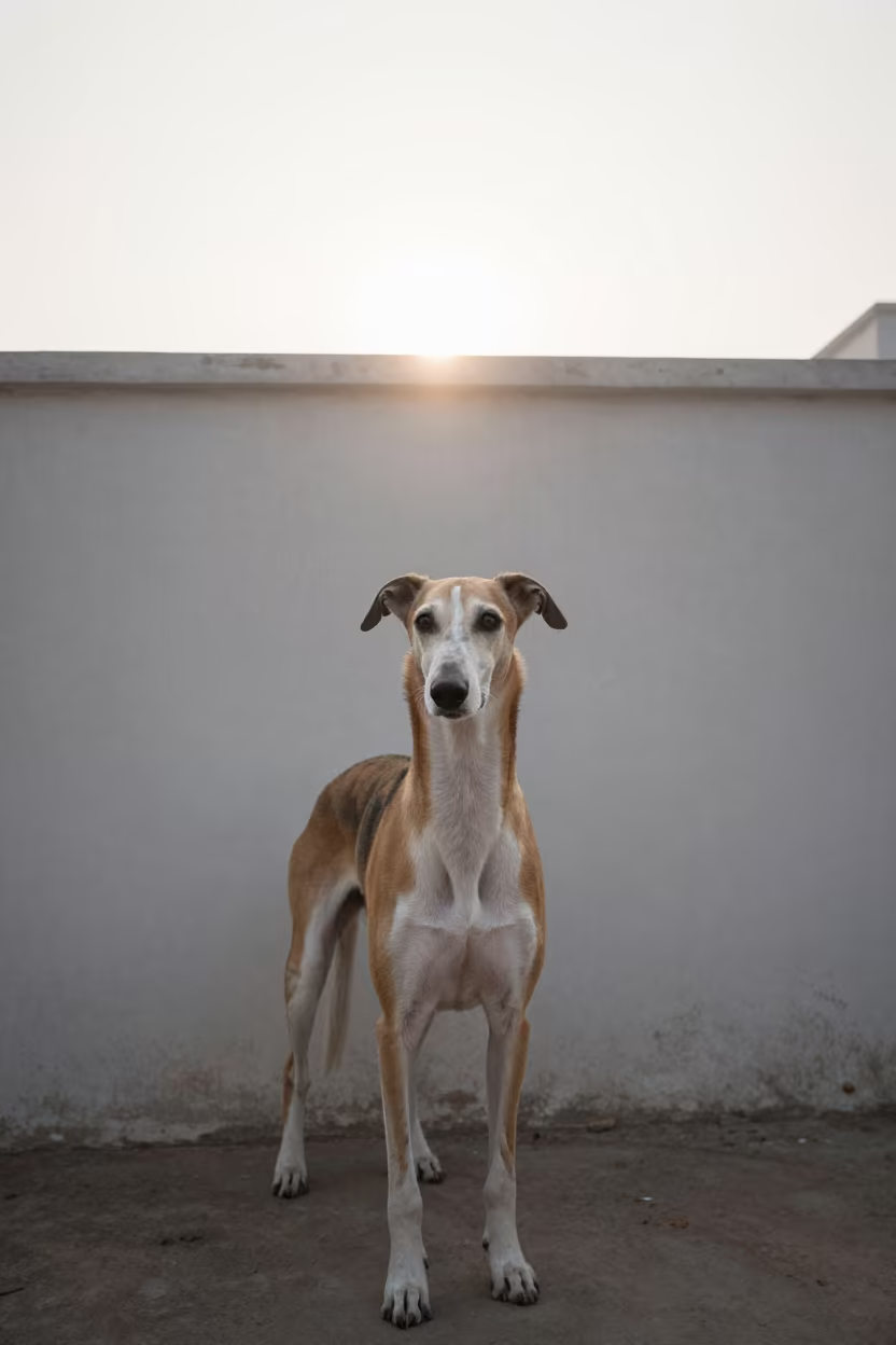 American Foxhound Portrait in Dhaka Morning Mist in beside a plain courtyard wall in clear daylight with the animal at eye level near Dhaka