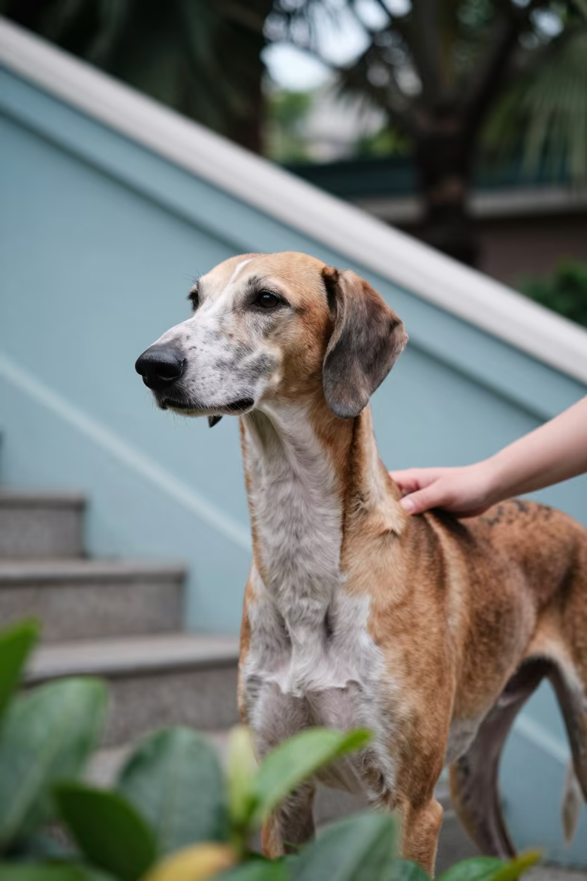 American Foxhound Portrait in Guangzhou Garden Light in near a garden edge with soft morning light and an uncluttered background in Xiguan, Guangzhou