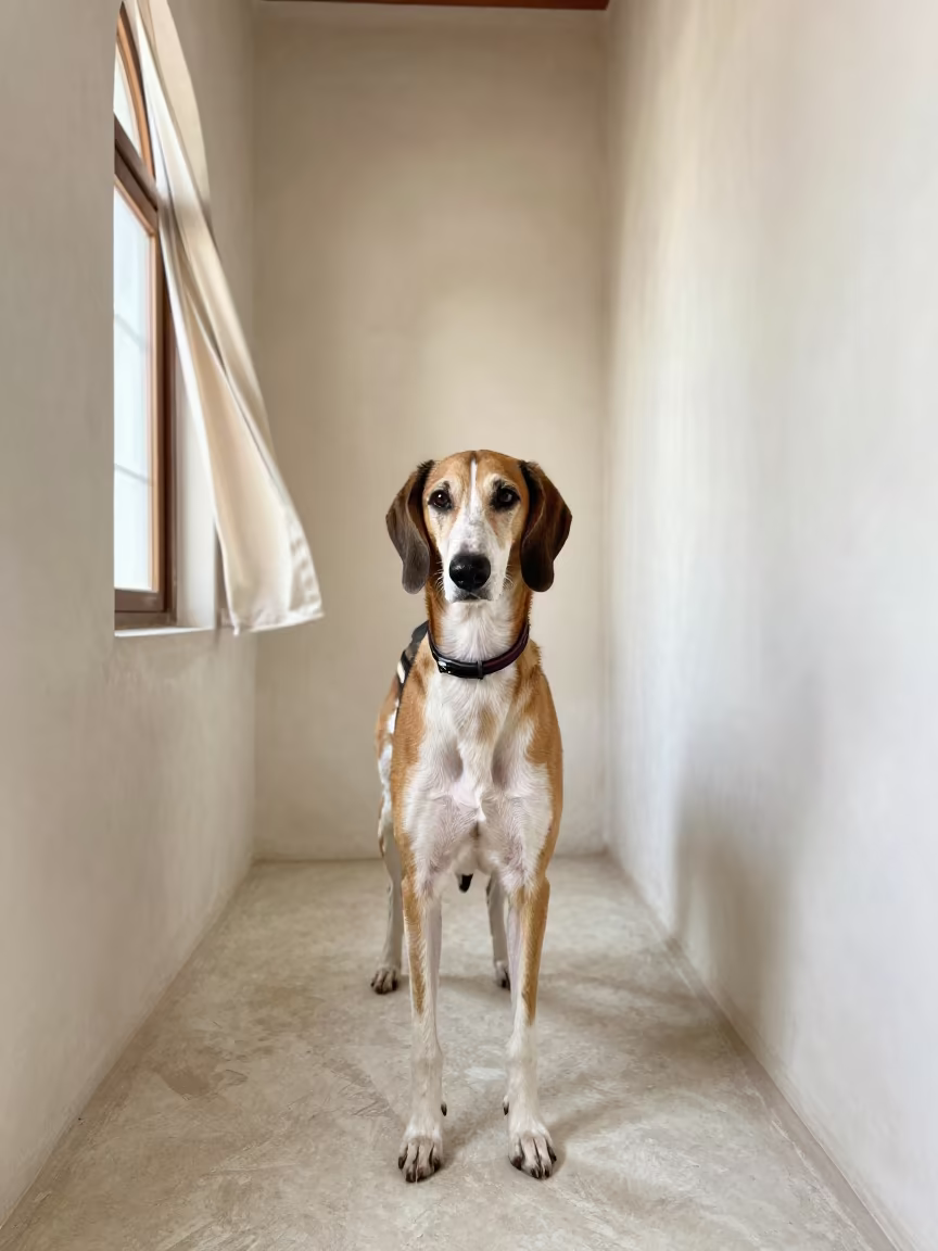 American Foxhound Portrait Near Sanaa Window in beside a plain plaster wall in soft indoor light with the animal centered in frame near Sana'a