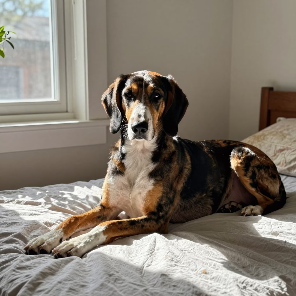 American Foxhound Resting on Pretoria Bedroom Bedspread in on a bedspread near a bright window with calm indoor light near Pretoria