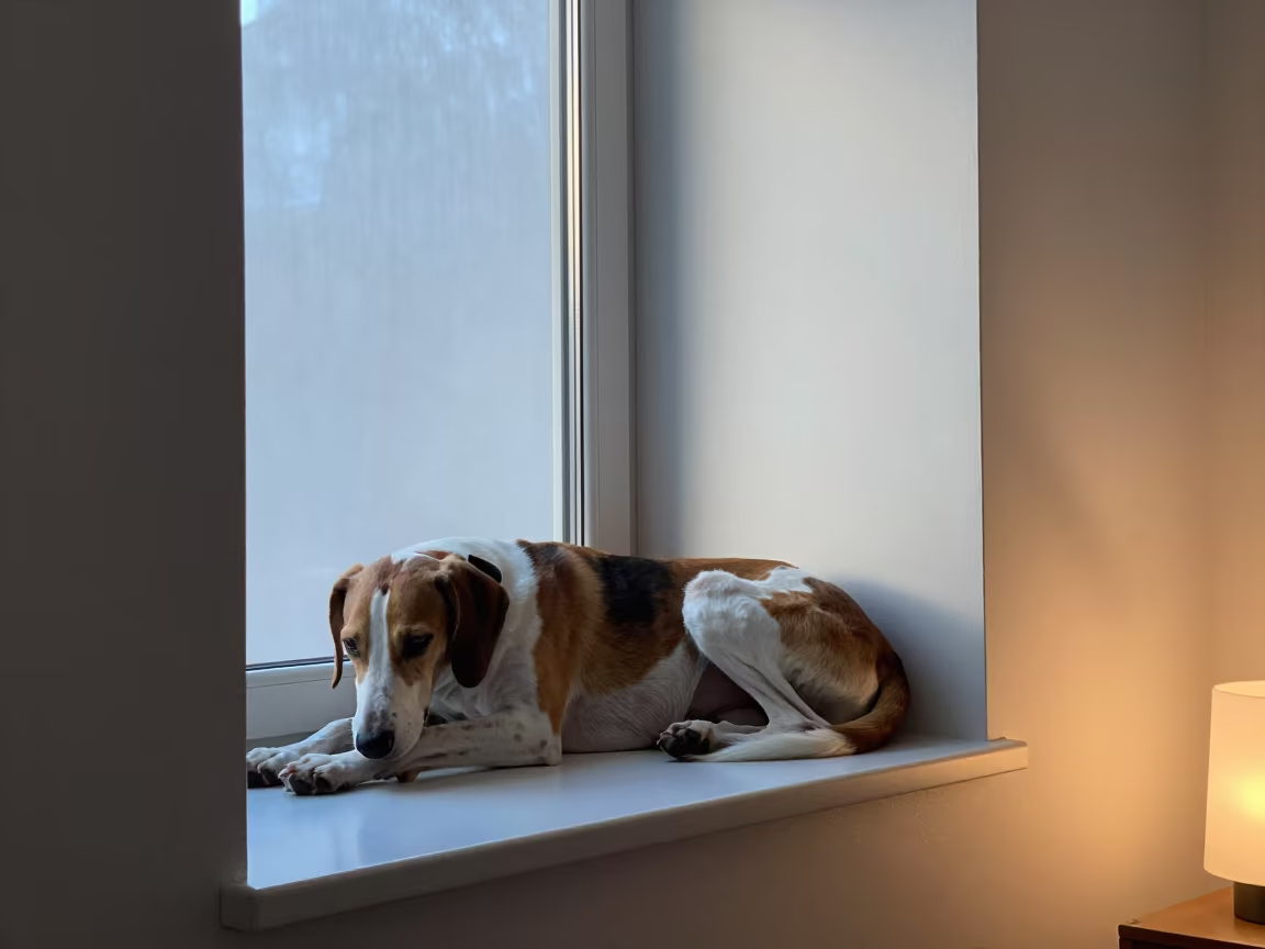 American Foxhound Resting on Window Seat in on a window seat in a quiet apartment with soft side light in Cotonou