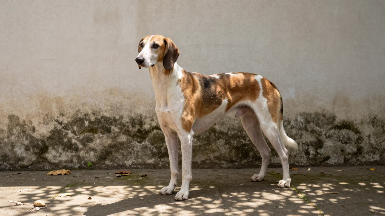 American Foxhound Standing Beside Ikere Wall in beside a plain courtyard wall in clear daylight with the animal at eye level in Ikere