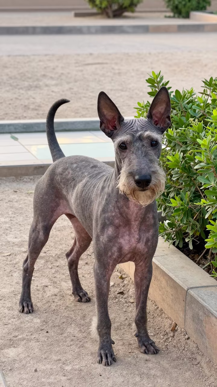 American Hairless Terrier in Az Zubayr Garden in near a garden edge with soft morning light and an uncluttered background in Az Zubayr