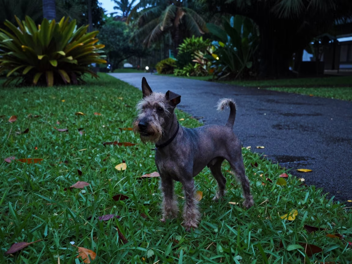American Hairless Terrier in Fort-de-France Park Rain in along a quiet park path with soft open shade and a clean background near Fort-de-France