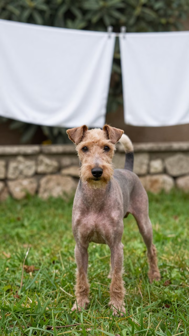 American Hairless Terrier in Lecce Garden in in a small yard with clipped grass, calm light, and the animal centered in frame in Lecce