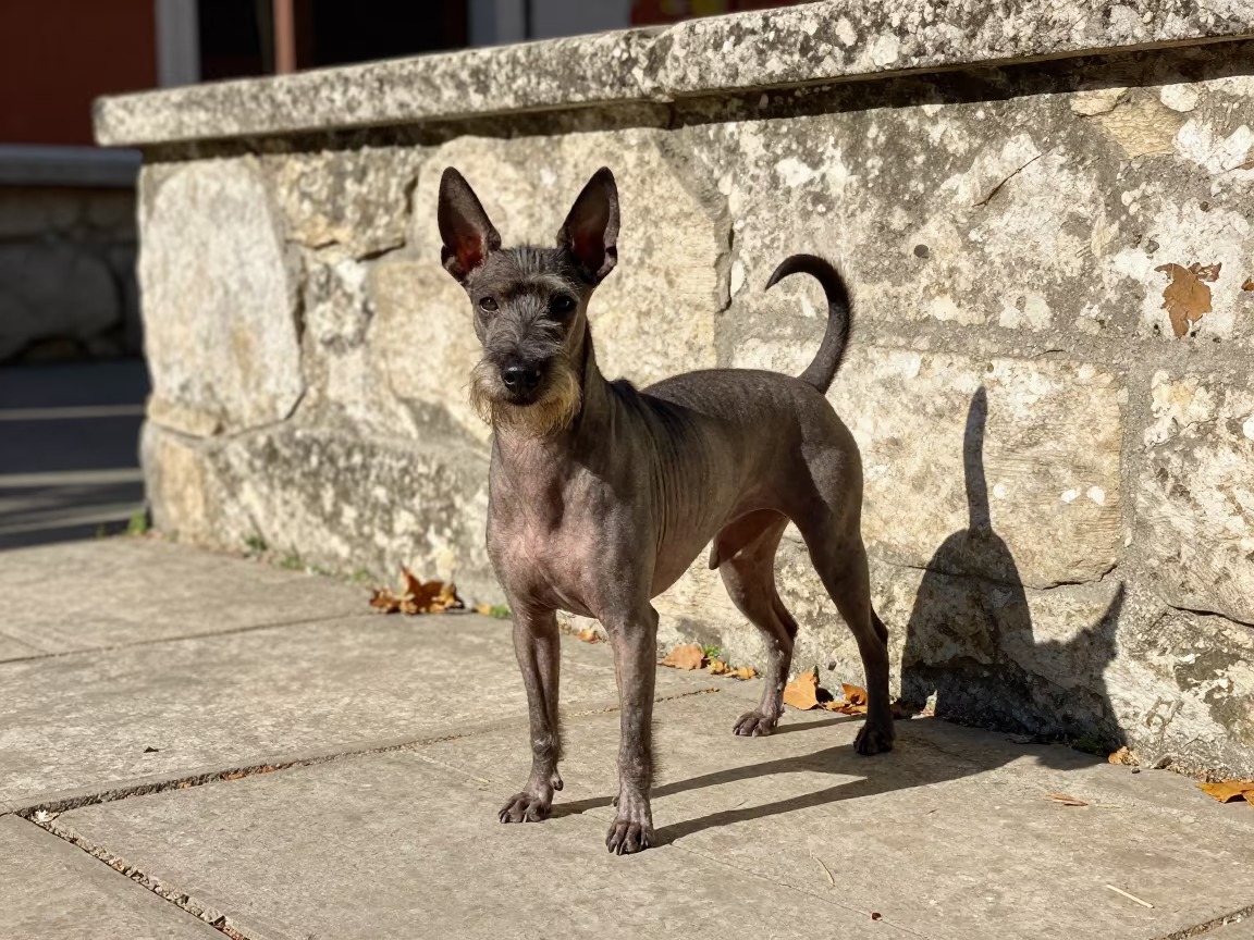 American Hairless Terrier in Pristina Courtyard in beside a plain courtyard wall in clear daylight with the animal at eye level in Pristina