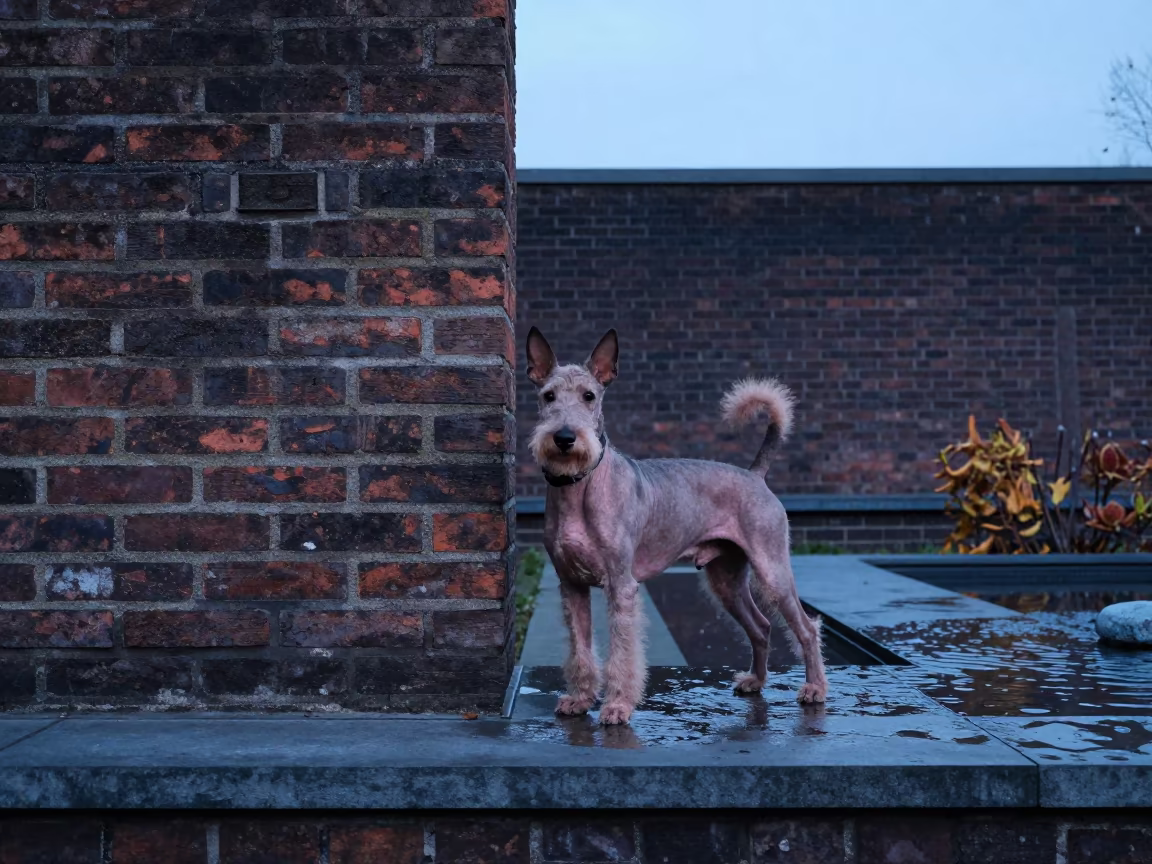 American Hairless Terrier in Utrecht Courtyard in beside a plain courtyard wall in clear daylight with the animal at eye level near Utrecht