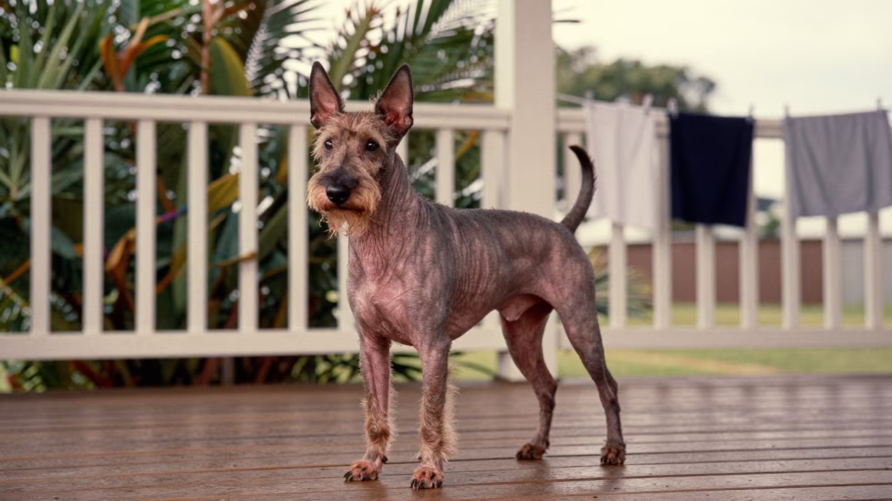 American Hairless Terrier on Port Moresby Porch in on a shaded front porch with boards, railings, and eye-level framing in Port Moresby