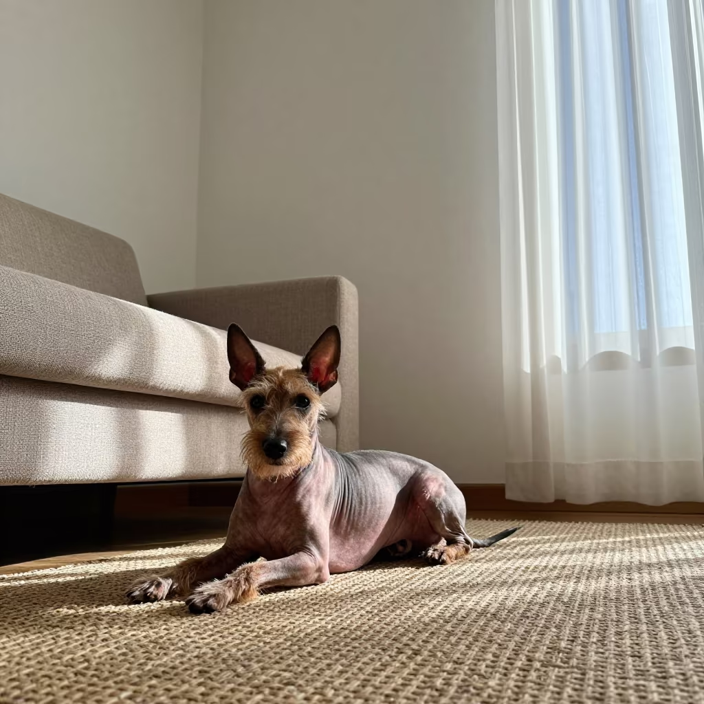 American Hairless Terrier on Rug in Sucre Home in on a woven rug beside a low couch and an uncluttered wall in Sucre