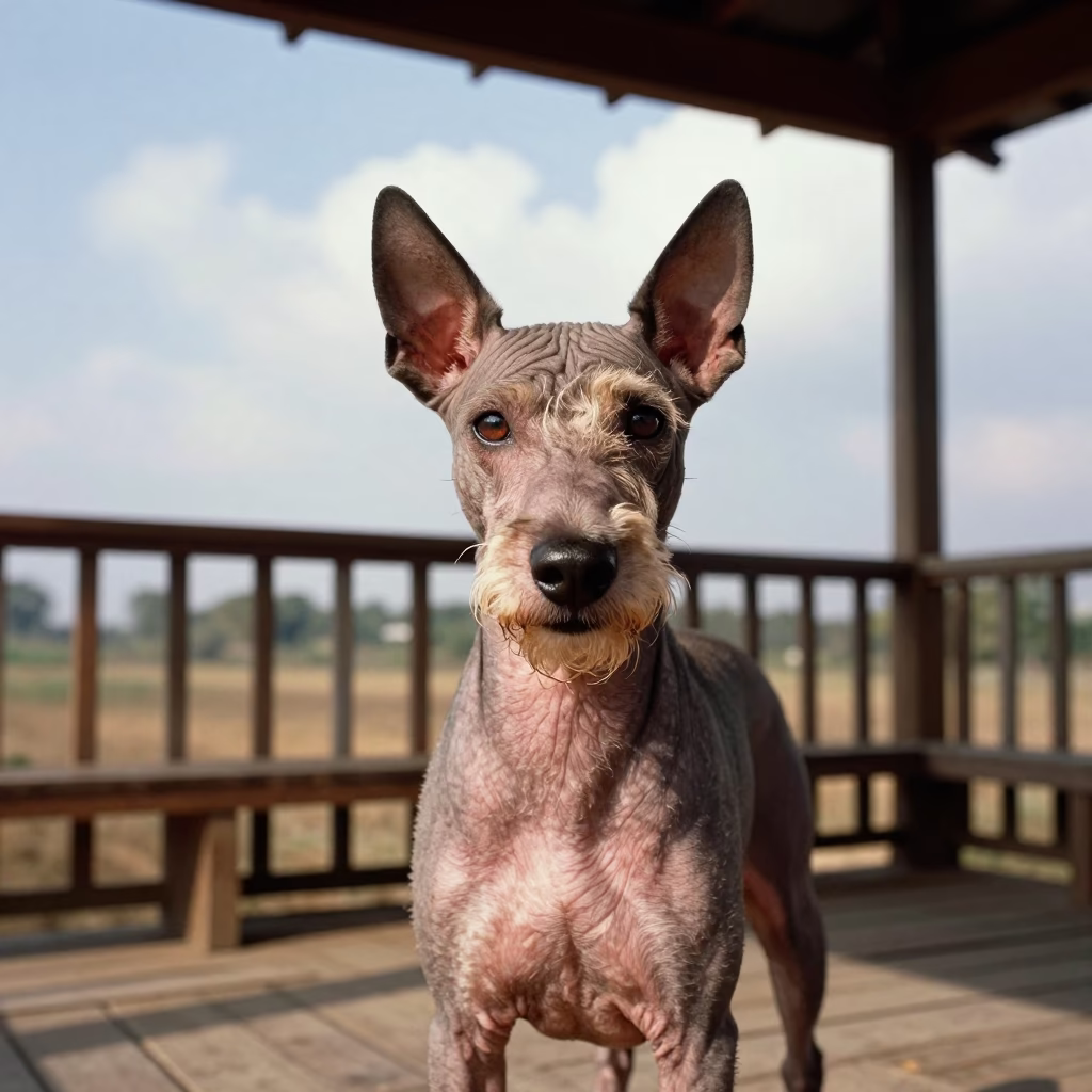 American Hairless Terrier on Shaded Porch in Ichalkaranji in on a shaded front porch with boards, railings, and eye-level framing near Ichalkaranji