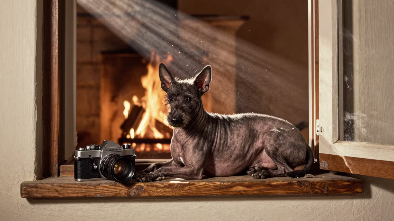 American Hairless Terrier on Window Seat in on a window seat in a quiet apartment with soft side light in Cúcuta