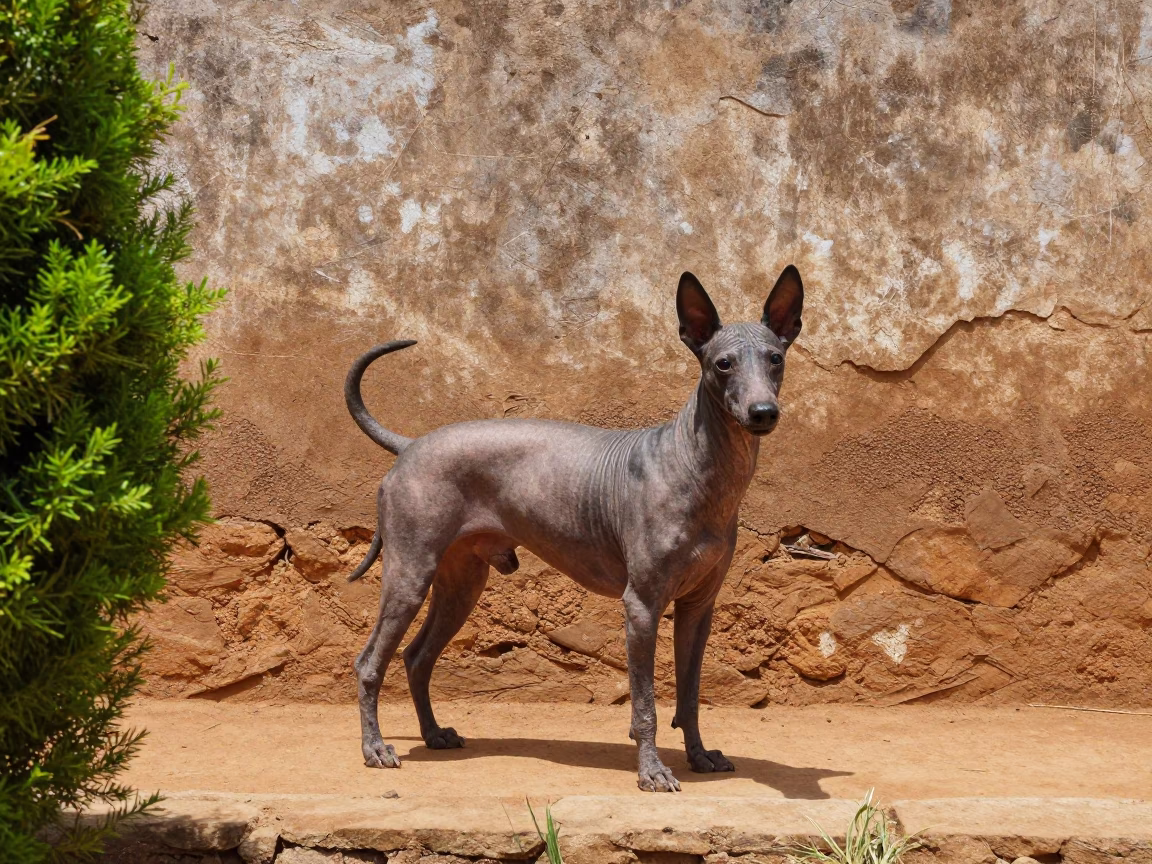 American Hairless Terrier Portrait Gulu Courtyard in beside a plain courtyard wall in clear daylight with the animal at eye level in Gulu