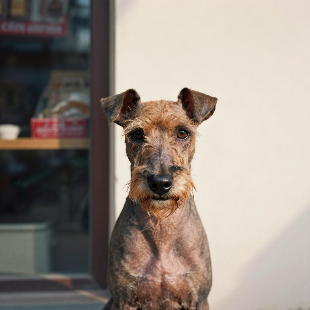 American Hairless Terrier Portrait in Ghaziabad in beside a plain plaster wall in soft indoor light with the animal centered in frame in Ghaziabad