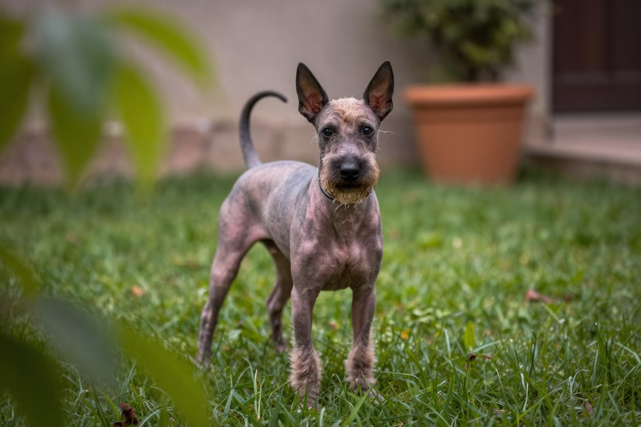 American Hairless Terrier Portrait in Puebla Yard in in a small yard with clipped grass, calm light, and the animal centered in frame in Puebla