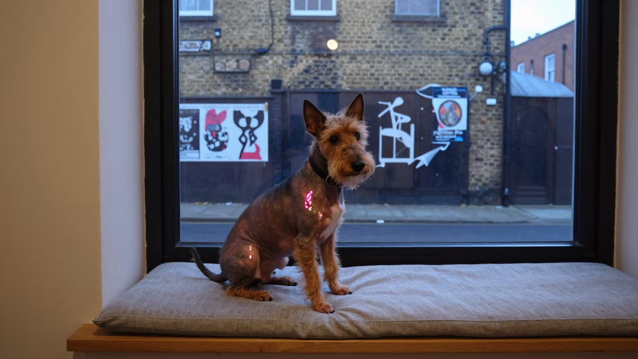 American Hairless Terrier Portrait on East London Window Seat in on a cushioned window seat with soft side light and an uncluttered background in East London