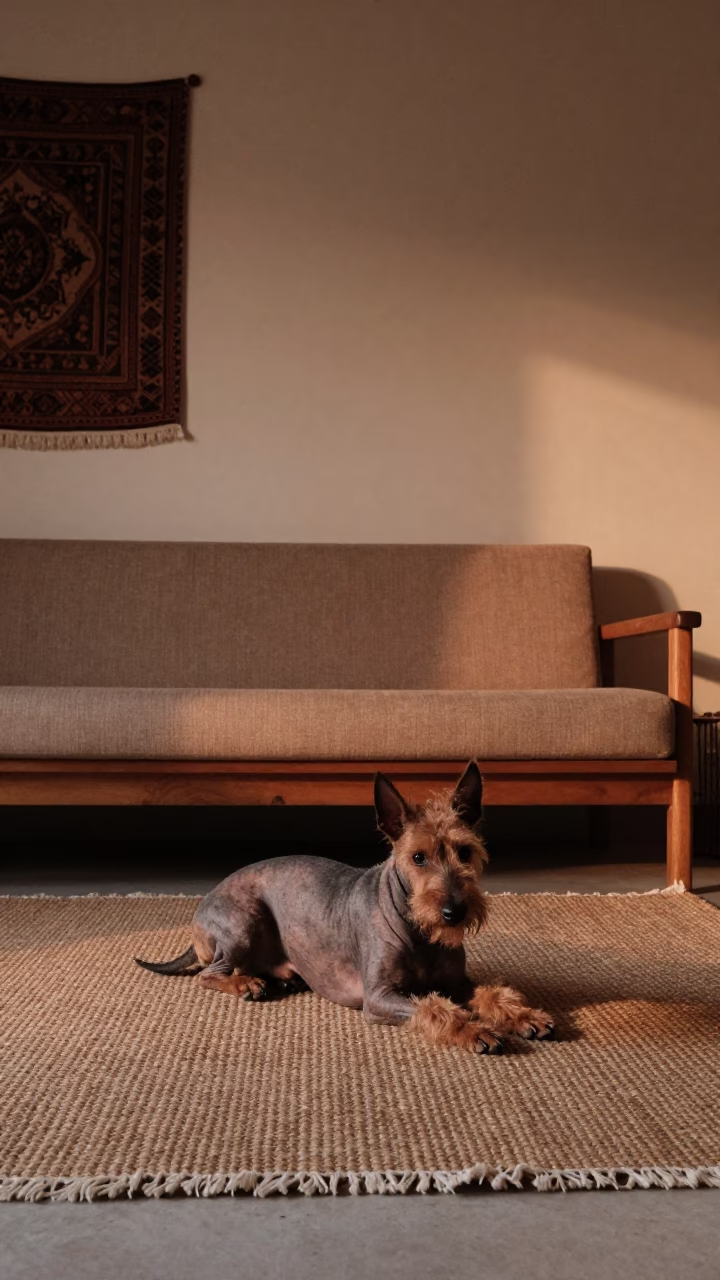 American Hairless Terrier Resting on Woven Rug in on a woven rug beside a low couch and an uncluttered wall in Rohtak
