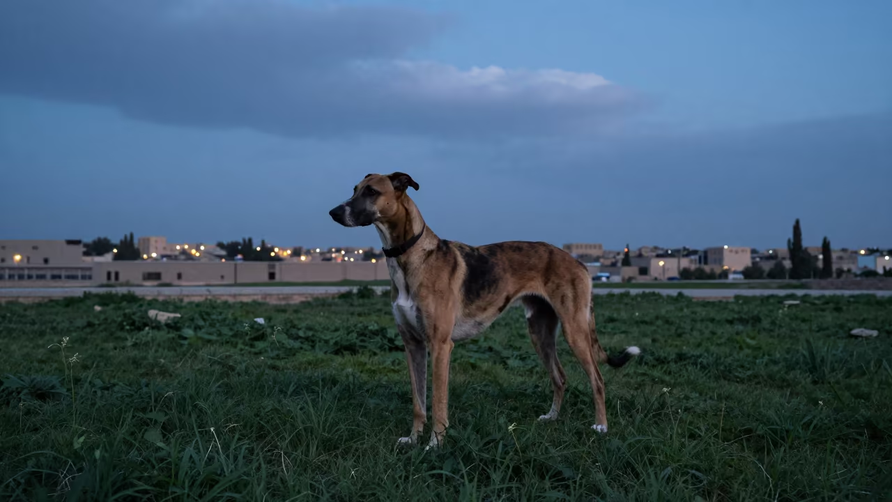 American Leopard Hound in Herat Yard at Blue Hour in in a small yard with clipped grass, calm light, and the animal centered in frame near Herat