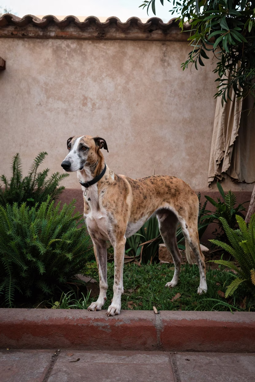 American Leopard Hound in La Paz Garden Morning in near a garden edge with soft morning light and an uncluttered background in Calle Jaen, La Paz
