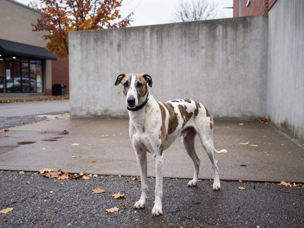 American Leopard Hound Portrait in Mississauga Courtyard in beside a plain courtyard wall in clear daylight with the animal at eye level in Mississauga