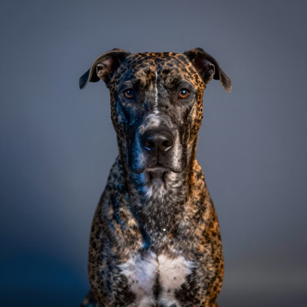 American Leopard Hound Portrait in São Paulo Studio in in a quiet portrait studio with a plain backdrop and eye-level framing in São Paulo