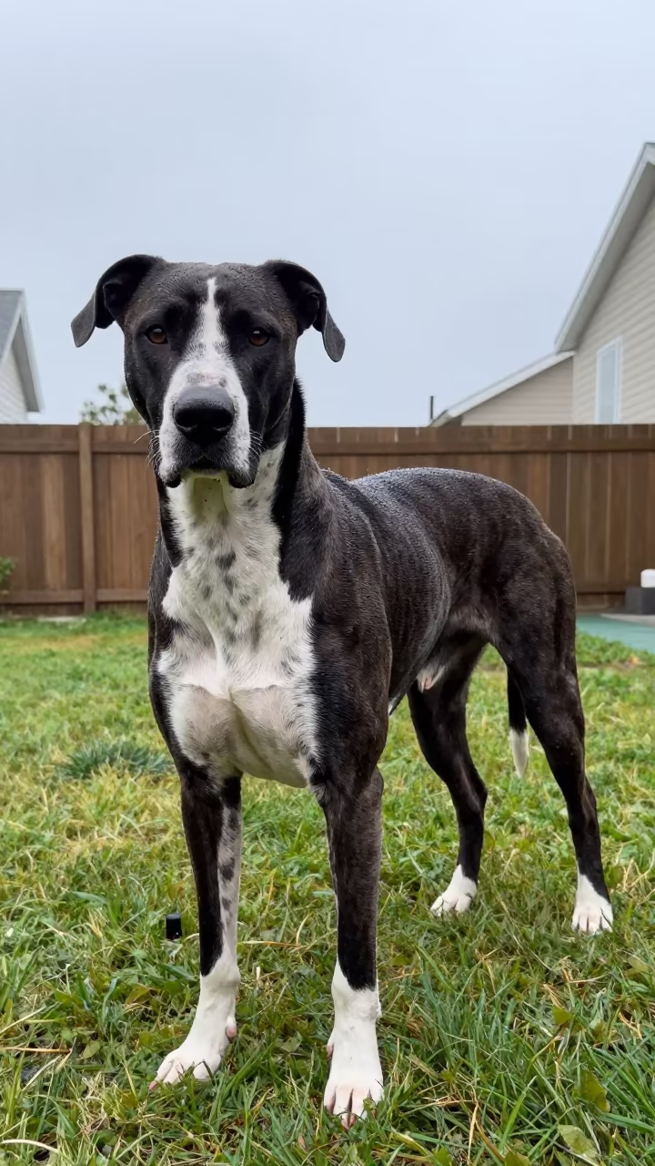 American Leopard Hound Portrait in Thane Yard in in a small yard with clipped grass, calm light, and the animal centered in frame in Thane
