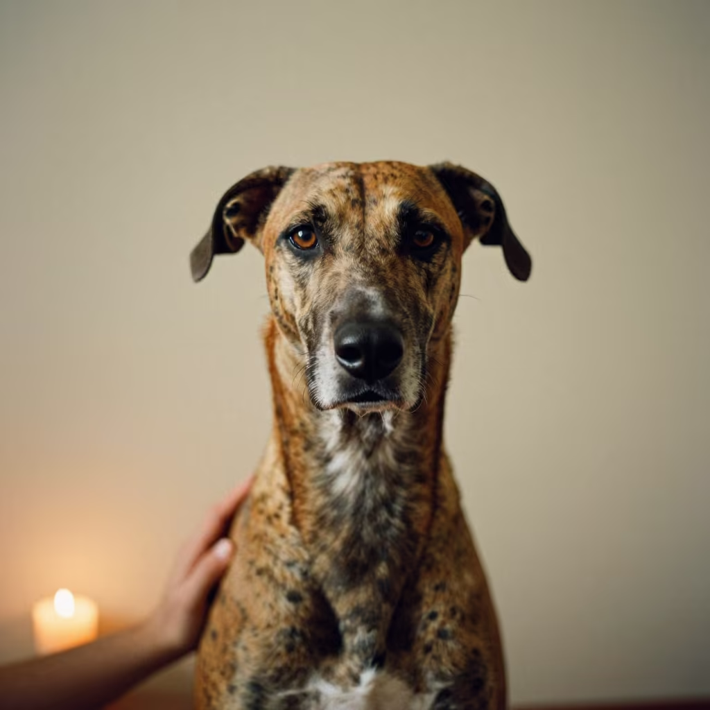 American Leopard Hound Portrait Indoor Light in beside a plain plaster wall in soft indoor light with the animal centered in frame in Dalian