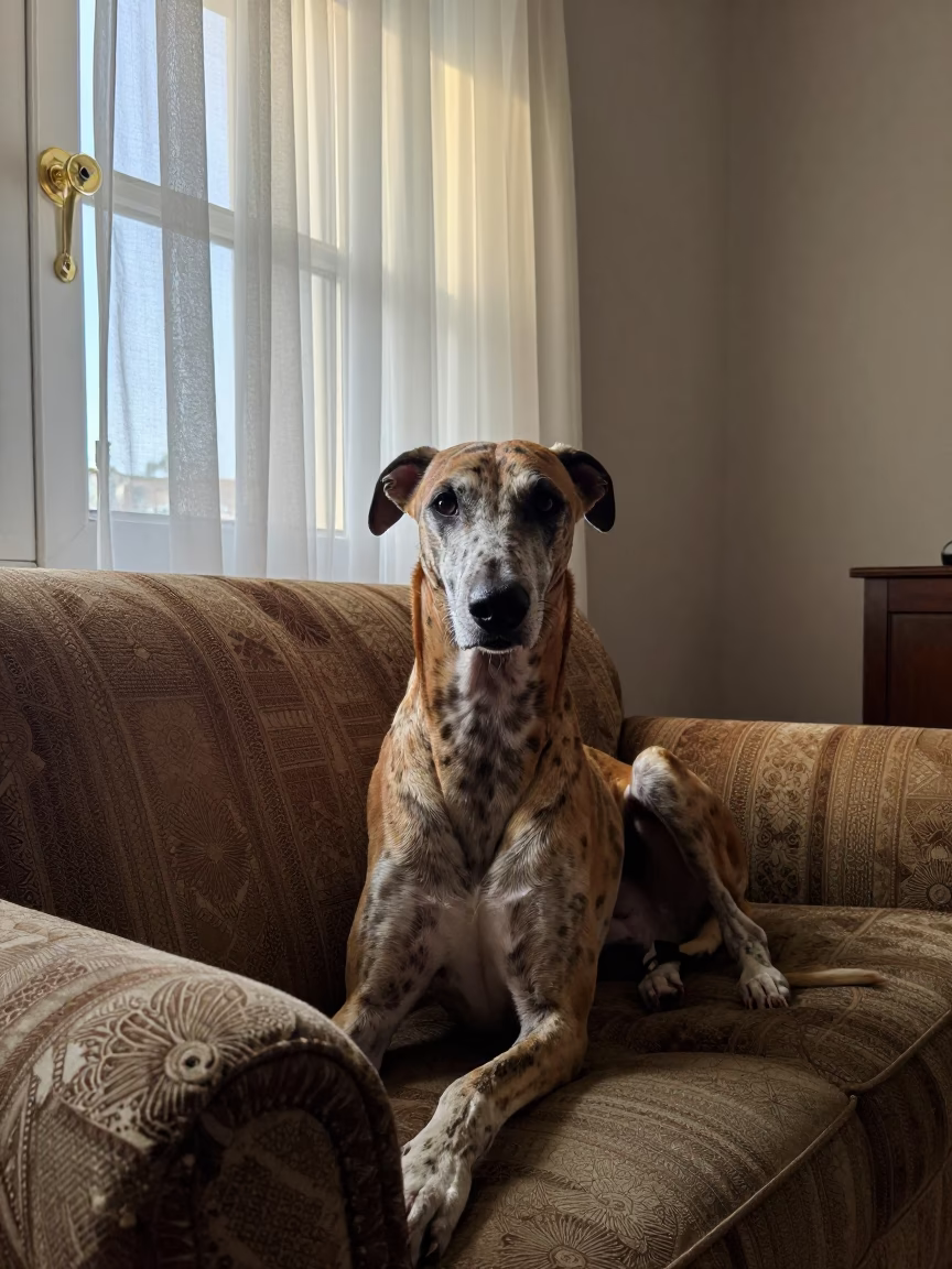 American Leopard Hound Portrait Near Window in Banjul Home in on a sofa near a curtained window with calm indoor light in Banjul