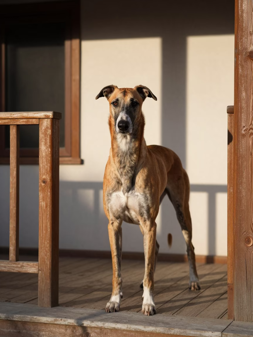 American Leopard Hound Portrait on Shaded Lanzhou Porch in on a shaded front porch with boards, railings, and eye-level framing in Lanzhou