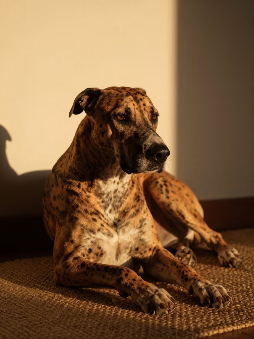 American Leopard Hound Resting on Rug in Pristina in on a woven rug beside a low couch and an uncluttered wall in Pristina