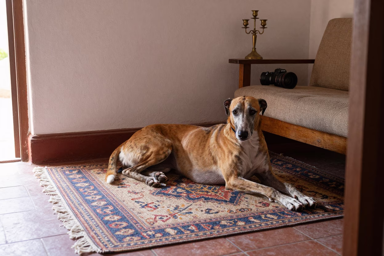 American Leopard Hound Resting on Woven Rug in on a woven rug beside a low couch and an uncluttered wall near Tarija