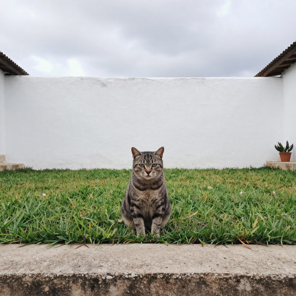 American Shorthair Cat in Campeche Yard in in a small yard with clipped grass, calm light, and the animal centered in frame in Campeche