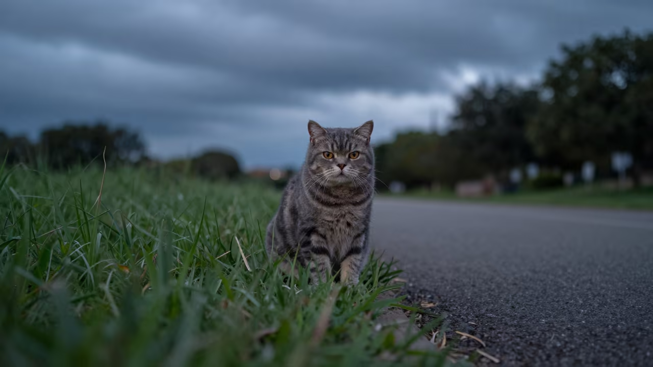 American Shorthair Cat in Lobamba Park Night in along a quiet park path with soft open shade and a clean background in Lobamba