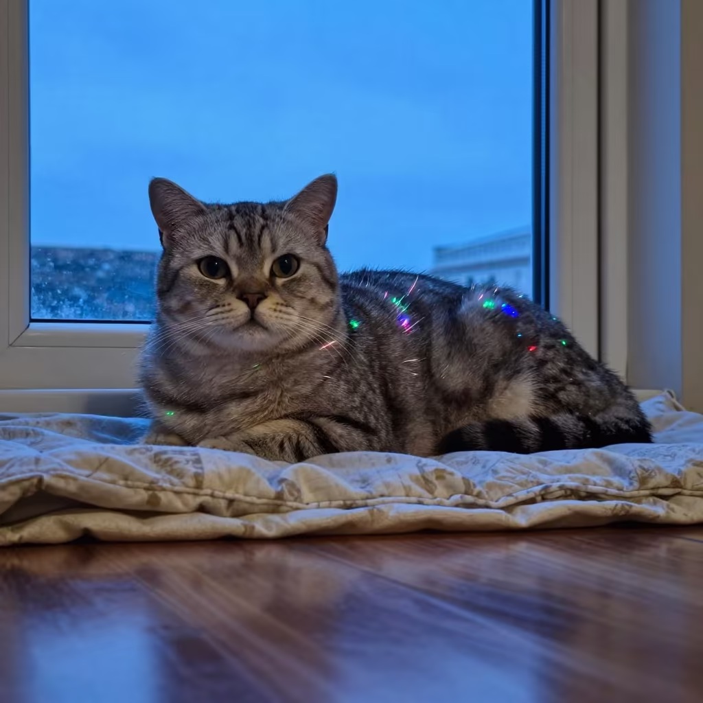 American Shorthair Cat Lounging by Window in Malaga Evening in on a bedspread near a bright window with calm indoor light in Malaga