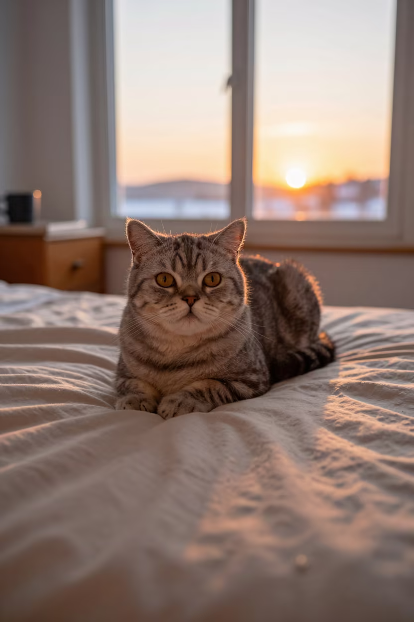 American Shorthair Cat Lounging on Bedspread in Winter in on a bedspread near a bright window with calm indoor light near Busan