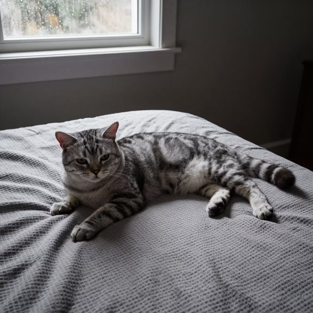 American Shorthair Cat Lounging on Bedspread Near Window in on a bedspread near a bright window with calm indoor light in Tonalá