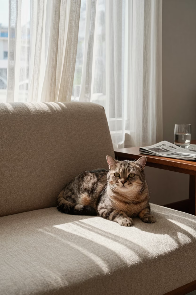 American Shorthair Cat Lounging on Linen Sofa in on a linen sofa with daylight from a nearby window in Ho Chi Minh City