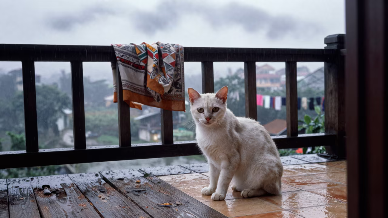 American Shorthair Cat on Hanoi Porch at Dawn in on a shaded front porch with boards, railings, and eye-level framing in Hoan Kiem, Hanoi