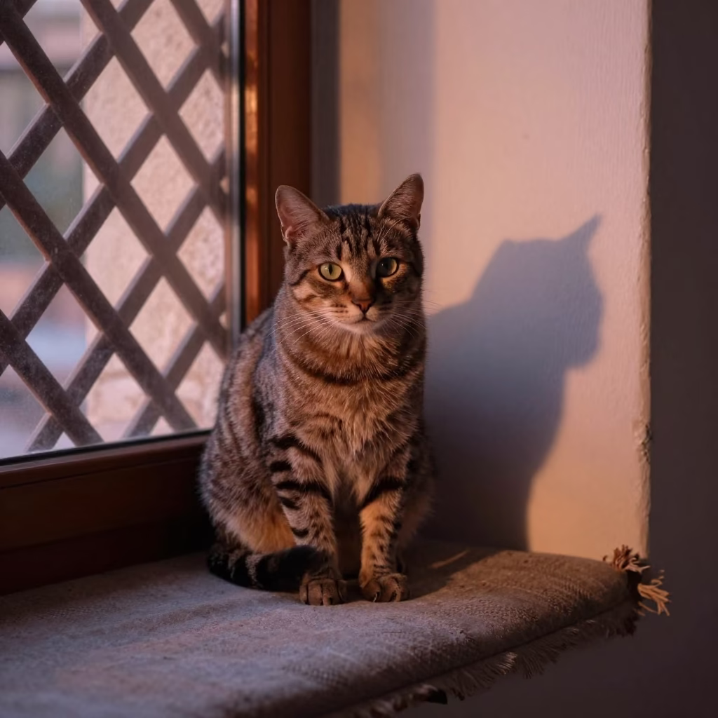 American Shorthair Cat on Mashhad Window Seat in on a cushioned window seat with soft side light and an uncluttered background in Mashhad