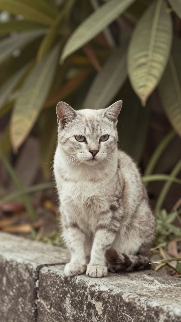 American Shorthair Cat Portrait Near Garden Edge in near a garden edge with soft morning light and an uncluttered background in Kuala Terengganu