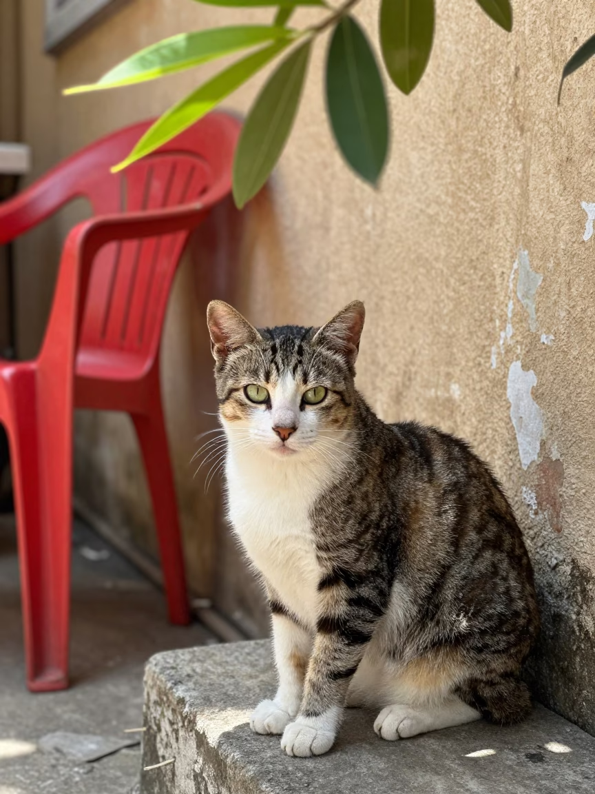 American Shorthair Cat Portrait Senopati Jakarta Courtyard in beside a plain courtyard wall in clear daylight with the animal at eye level near Senopati, Jakarta