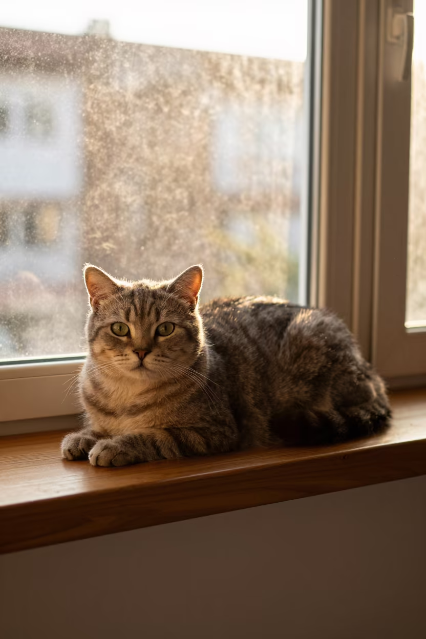 American Shorthair Cat Sunset Window Seat in on a window seat in a quiet apartment with soft side light near Guayaquil