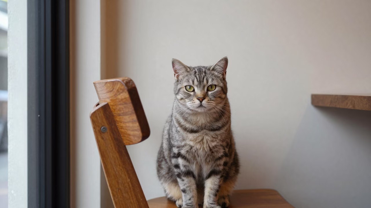American Shorthair Portrait Beside Plaster Wall in beside a plain plaster wall in soft indoor light with the animal centered in frame in Chiclayo
