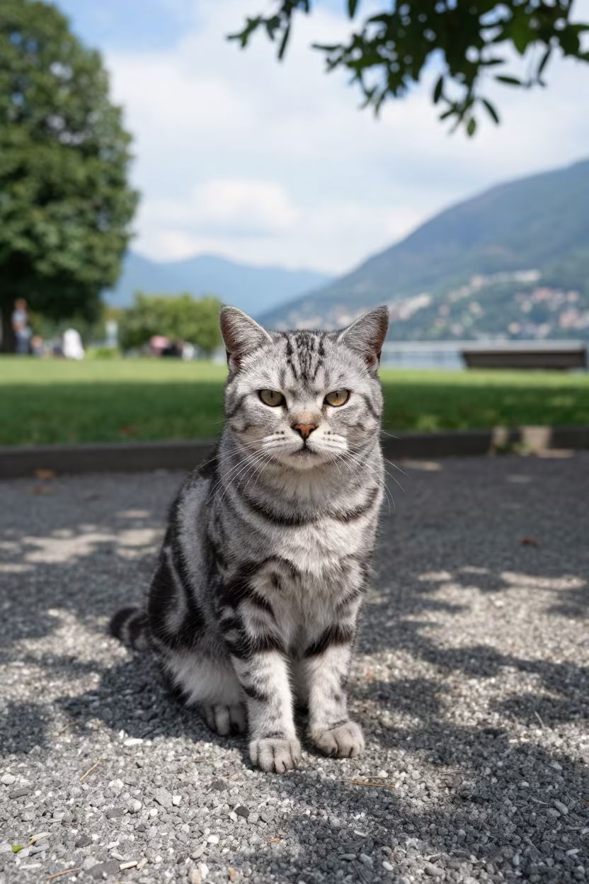 American Shorthair Portrait on Lugano Park Path in along a quiet park path with soft open shade and a clean background in Lugano