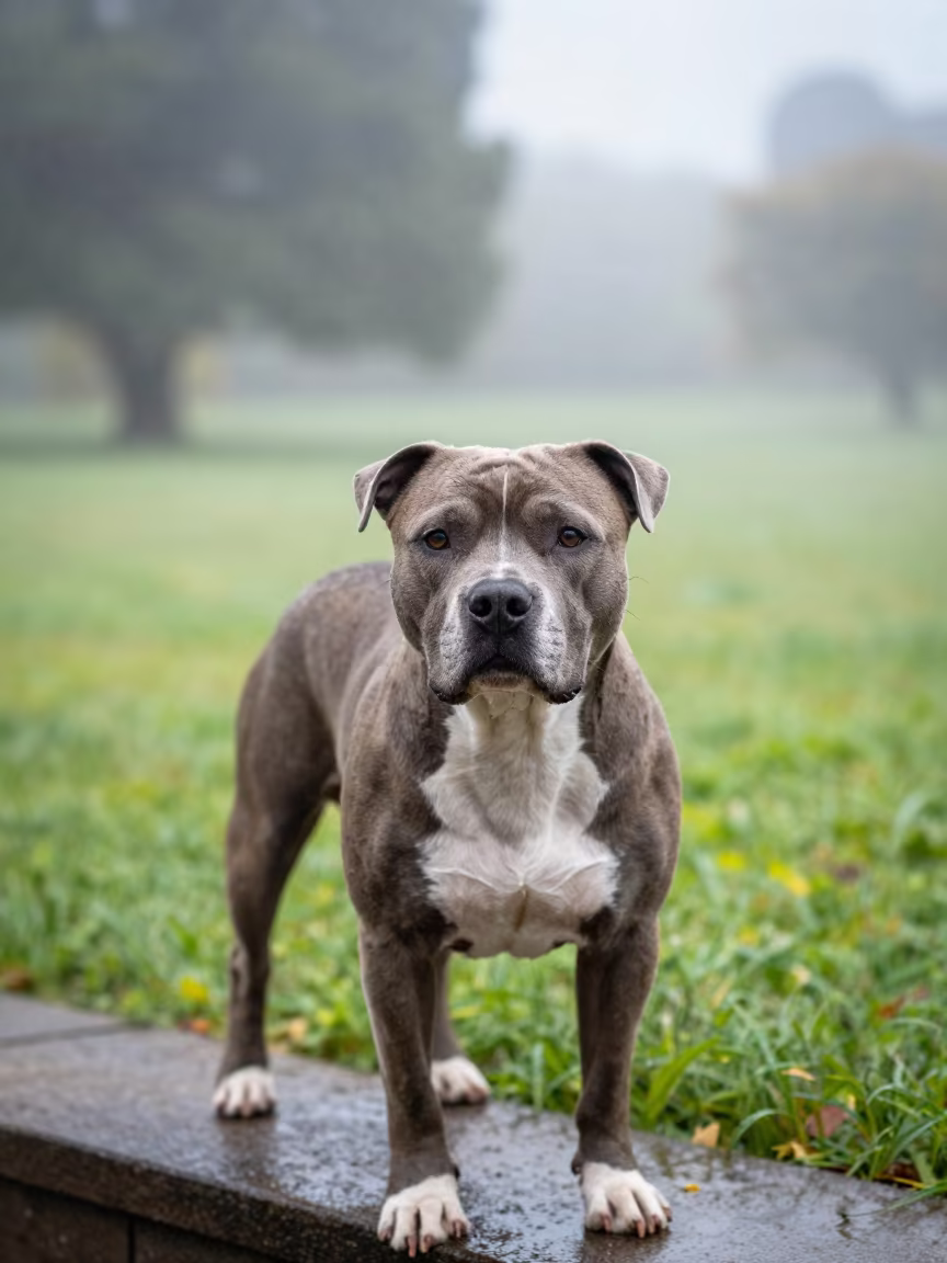 American Staffordshire Terrier in Dawn Garden Light in near a garden edge with soft morning light and an uncluttered background near Bendigo