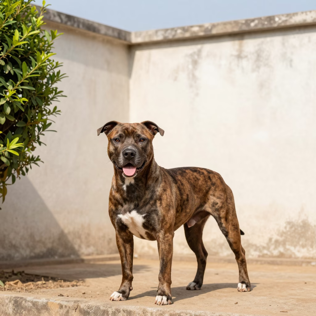 American Staffordshire Terrier in Ikeja Courtyard in beside a plain courtyard wall in clear daylight with the animal at eye level in Ikeja