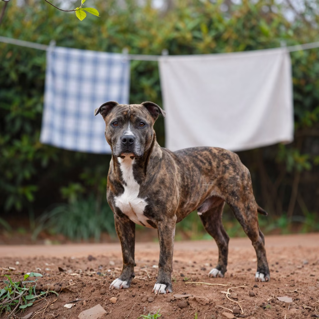 American Staffordshire Terrier in Kunming Garden Morning in near a garden edge with soft morning light and an uncluttered background in Kunming