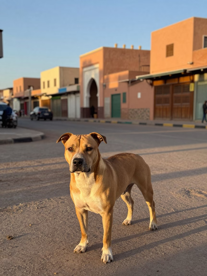 American Staffordshire Terrier in Marrakech Late Afternoon Street Scene in in Marrakech, Morocco