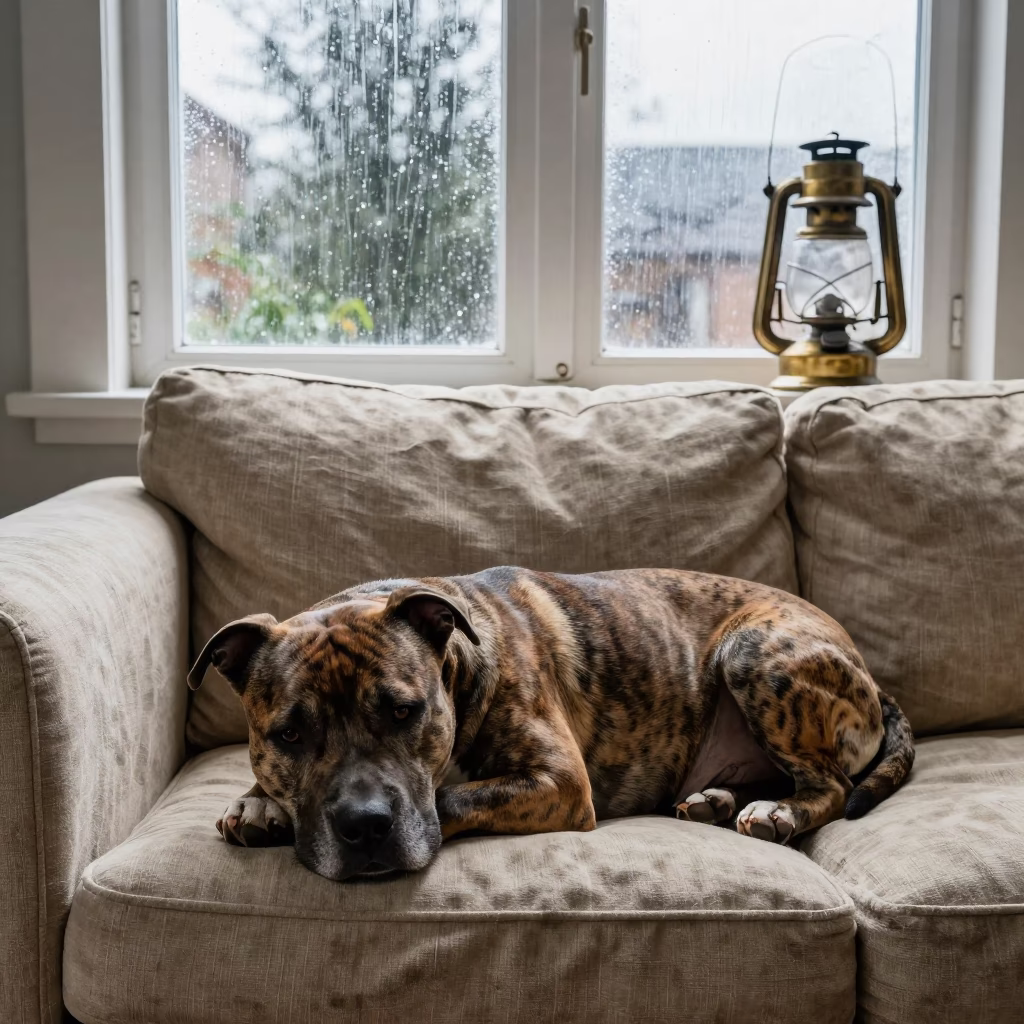 American Staffordshire Terrier on Linen Sofa in Malabo in on a linen sofa with daylight from a nearby window in Malabo